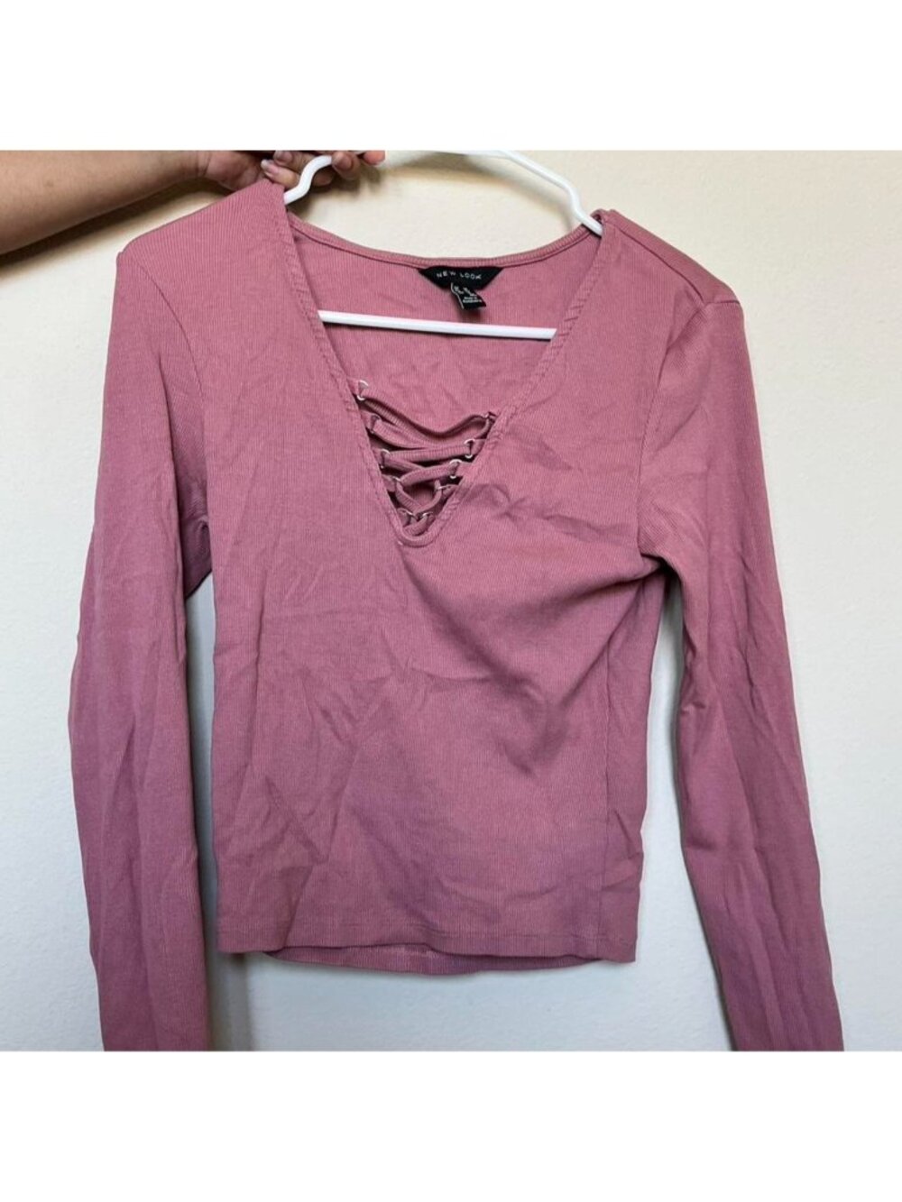 New Look pink long sleeve top with lace up detail Size 14